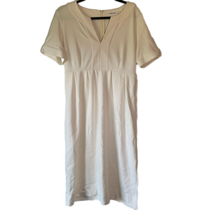 Calvin Klein White Split Neck Dress Short Sleeves Gathered Waist Knee Length 10